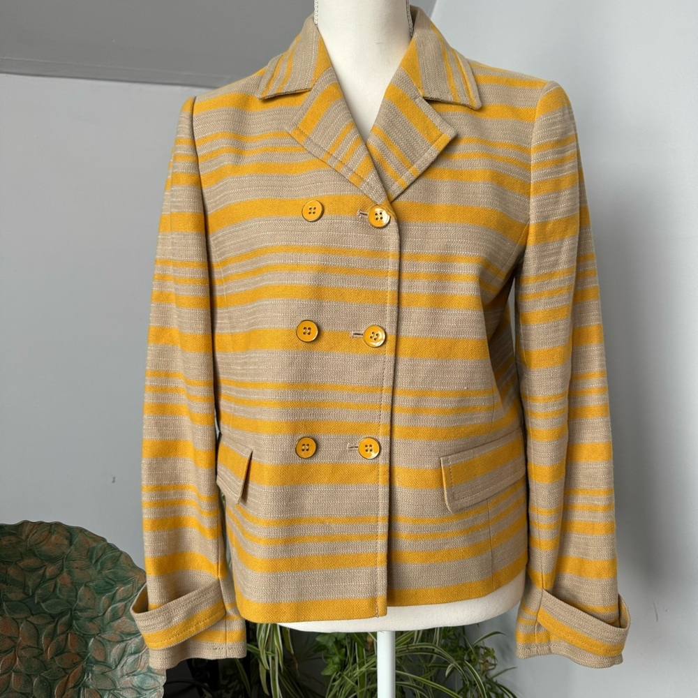 NWOT Talbots Women's Double Breasted Gold Yellow Natural Tan Striped Blazer sz 8